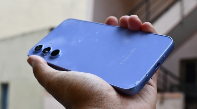 The Samsung Galaxy A54 is IP67 rated for water and dust resistance (Image credit: Vivek Umashankar / Indian Express)
