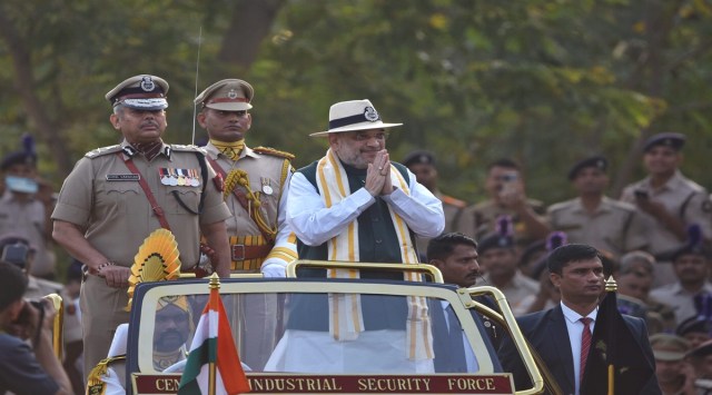 Hyderabad: Union Home Minister Amit Shah inspects a Guard of Honour during the 54th Raising Day Parade of Central Industrial Security Force (CISF), in Hyderabad, Sunday, March 12, 2023. (PTI: Photo)