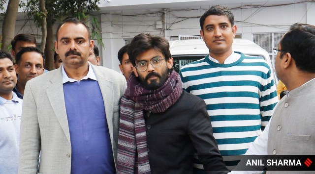 Sharjeel Imam, accused of allegedly making inflammatory statements is taken to court from the crime branch at Chanakyapuri in New Delhi. (Express photo by Ani Sharma, dile)
