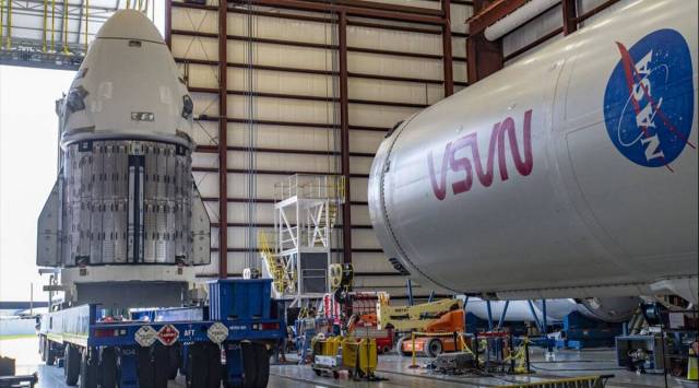 The SpaceX launch vehicle, consisting of a Falcon 9 rocket topped with an autonomously operated Crew Dragon capsule called Endeavour (Image credit: NASA/SpaceX)