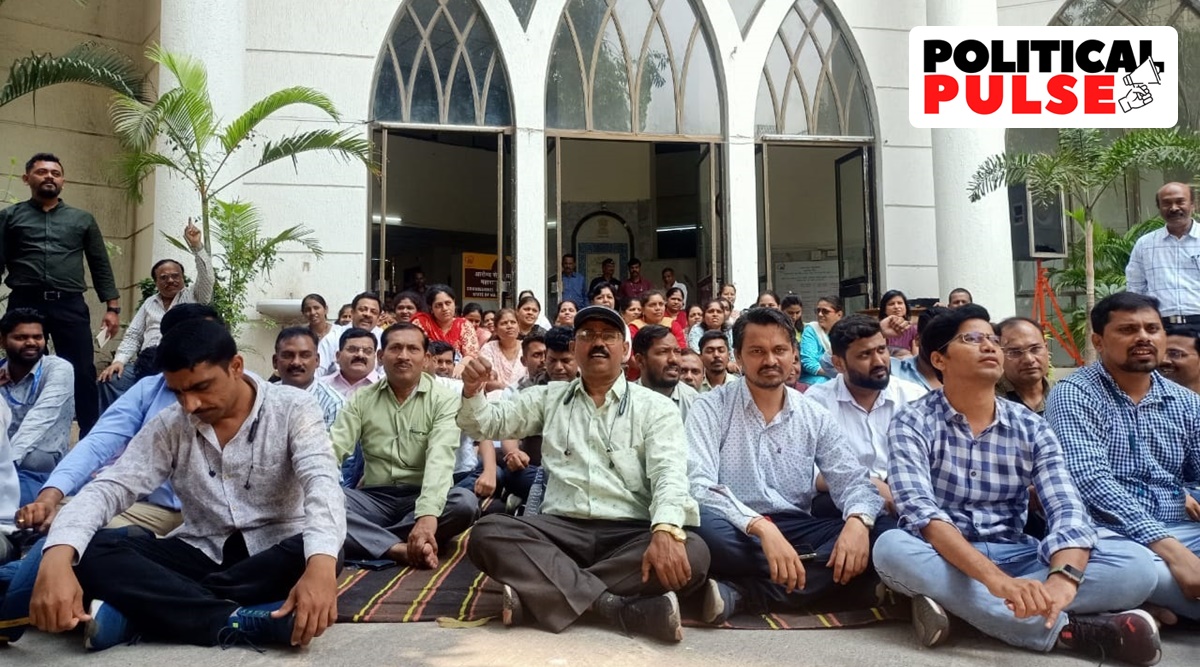 More than 17 lakh government, semi-government employees, and teaching and non-teaching staff in Maharashtra demanding OPS are on an indefinite strike starting Tuesday, hampering government operations in different parts of the state. (Express photo by Ganesh Shirsekar)