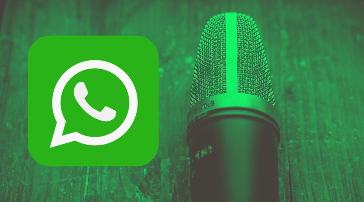  A green and black image of a microphone next to a green WhatsApp logo with the query 'Using voice notes in WhatsApp as a status'.