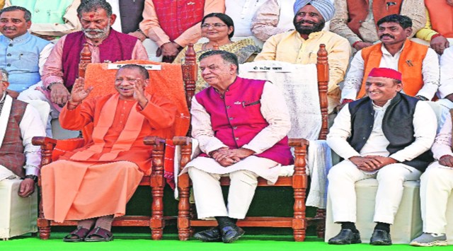 Chief Minister Yogi Adityanath, Speaker Satish Mahana, Samajwadi Party president Akhilesh Yadav and other members of the state Legislative Assembly at a group  photo session in the Assembly complex, in Lucknow on Friday.  (Photo: PTI )