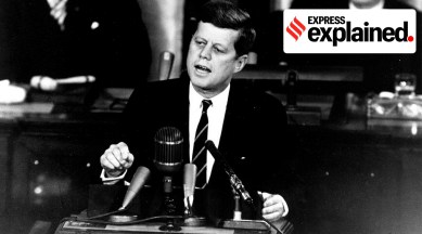 US President John F. Kennedy speaking to a joint session of the Congress.