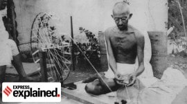 mahatma gandhi spinning the wheel at sabarmati ashram.