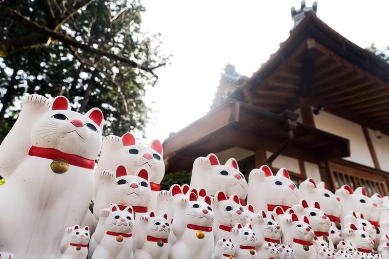 Cat staues at Gotokuji Temple in Tokyo, on March 12, 2023. (Andrew Faulk/The New York Times)