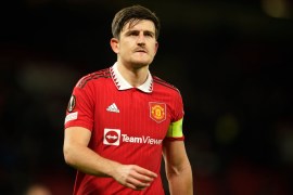 Manchester United's Harry Maguire walks off the pitch after the Europa League first leg quarterfinal soccer match between Manchester United and Sevilla at the Old Trafford stadium in Manchester, Thursday, April 13, 2023. (AP Photo/Dave Thompson)
