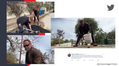Arnold Schwarzenegger fixes pothole