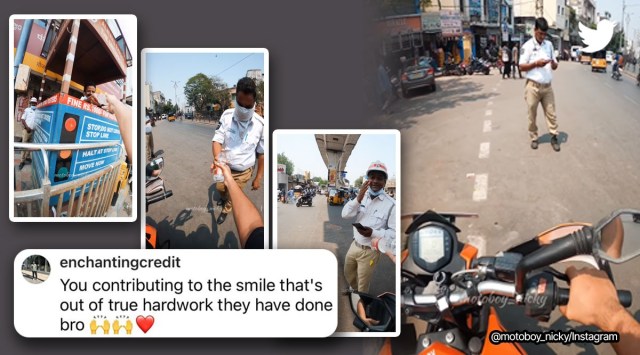 Biker distributes water bottles to traffic policemen in Hyderabad