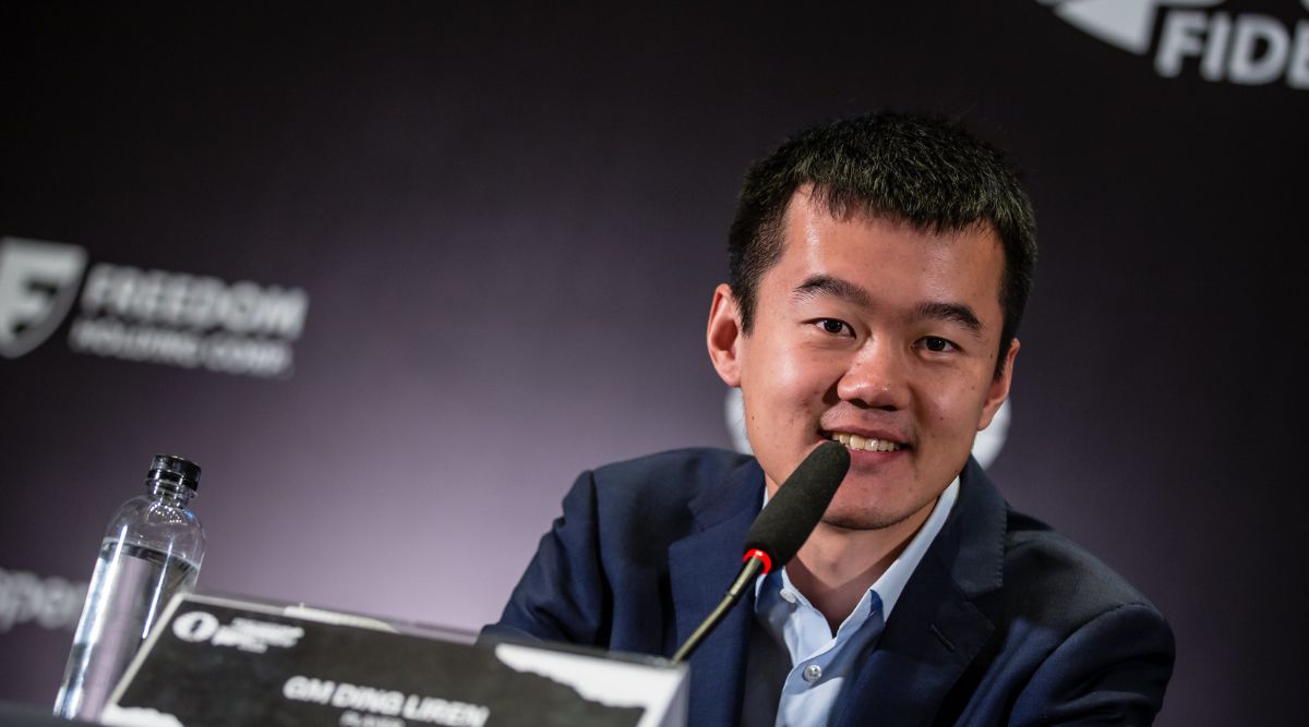 Ding Liren reacts after Game 3 against Ian Nepomniachtchi