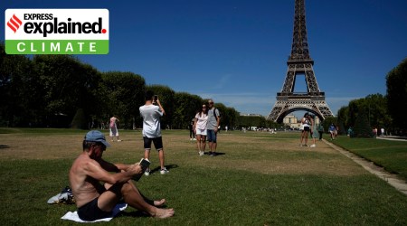Tourists near the Eiffel Tower in Paris, France. Tourists click photos while a man sits in shorts, shirtless.