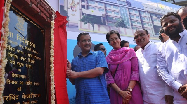 new building blocks at Rajkiya Sarvodaya Kanya/Bal Vidyalaya in East Vinod Nagar, Arvind Kejriwal, Future school, Columbia University like school, Kejriwal laid the foundation stone, indian express, indian express news