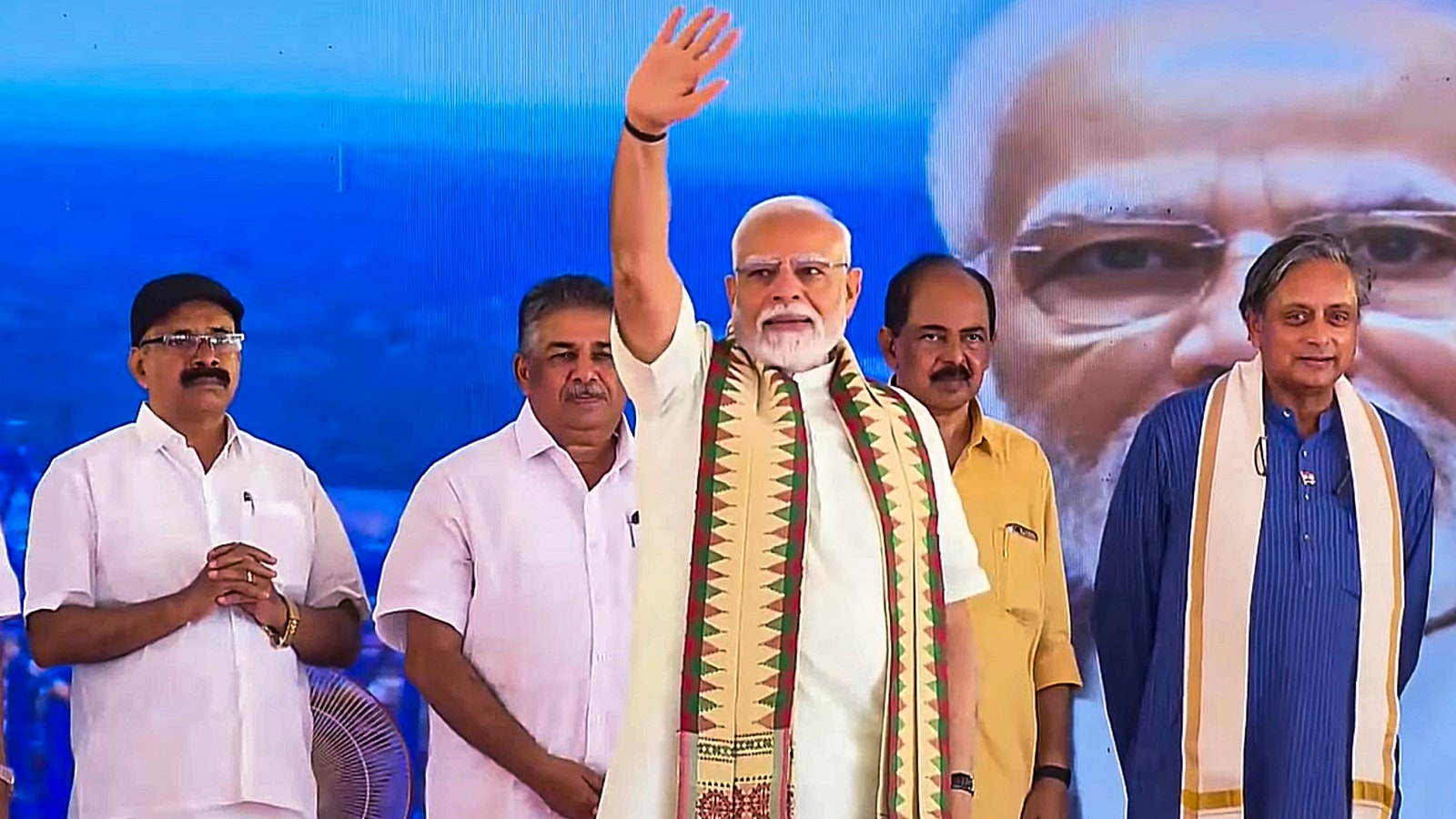 Prime Minister Narendra Modi, Congress MP Shashi Tharoor and others during the inauguration of the Vizhinjam International Seaport, in Thiruvananthapuram. (PMO via PTI Photo)