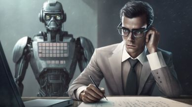 a robot standing by as an accountant works