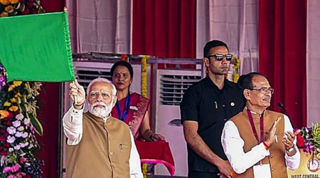 Prime Minister Narendra Modi flags off Vande Bharat Express between Bhopal and New Delhi, in Bhopal, Saturday, April 1, 2023. (PTI)