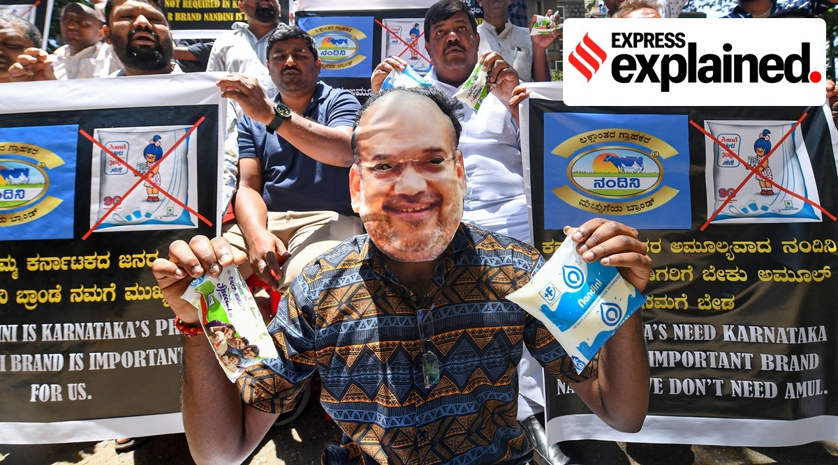 Bengaluru: Youth Congress members raise slogans during a protest amid reports claiming the entry of Amul products in Karnataka market, in Bengaluru, Wednesday, April 12, 2023.
