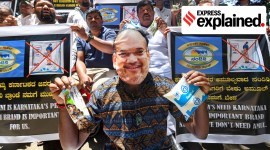 Bengaluru: Youth Congress members raise slogans during a protest amid reports claiming the entry of Amul products in Karnataka market, in Bengaluru, Wednesday, April 12, 2023.