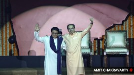 Shiv Sena (UBT) chief Uddhav Thackeray with his cousin and MNS president Raj Thackeray at the NSCI Dome in Worli on Saturday.