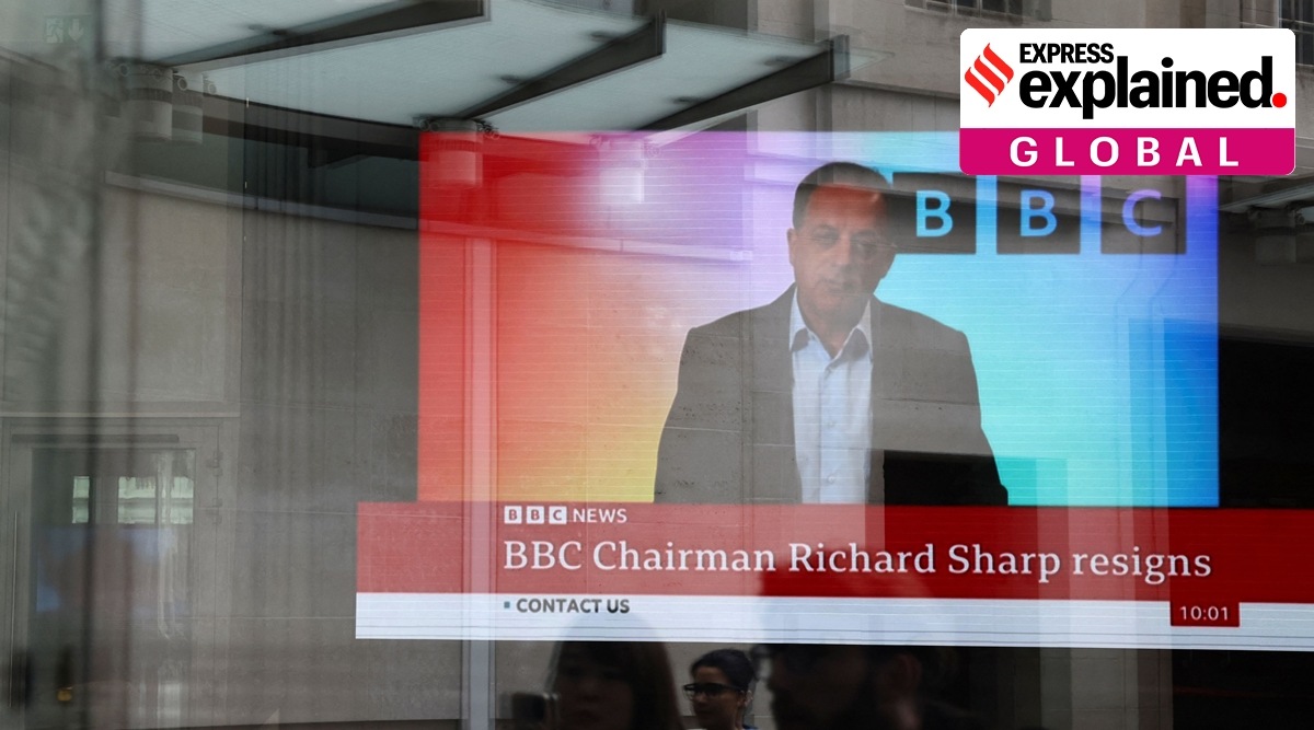 Screen inside BBC headquarters broadcasts a statement by Richard Sharp following his resignation, in London