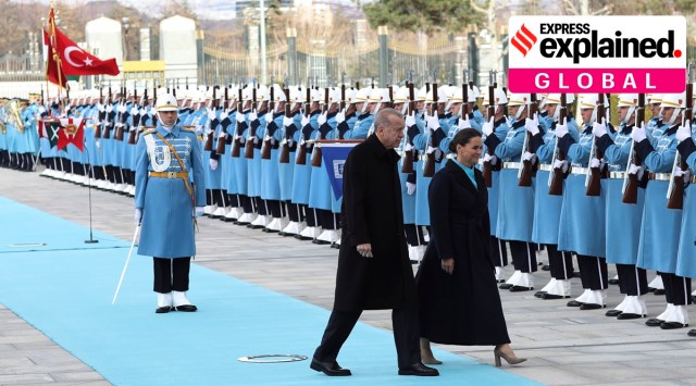 Recep Tayyip Erdogan and Katalin Novak walking