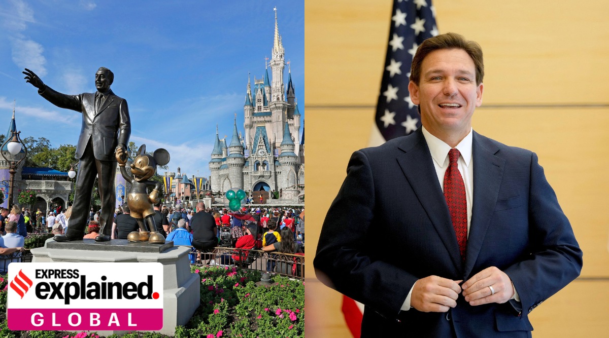 On right, Florida governor Ron DeSantis. On the right, A statue of Walt Disney and Micky Mouse stands in front of the Cinderella Castle at the Magic Kingdom at Walt Disney World in Lake Buena Vista in Florida.