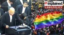 Senior Advocate Abhishek Manu Singhvi arguing for the petitioners (left) and a pride parade. (Photo via screen grab/PTI)