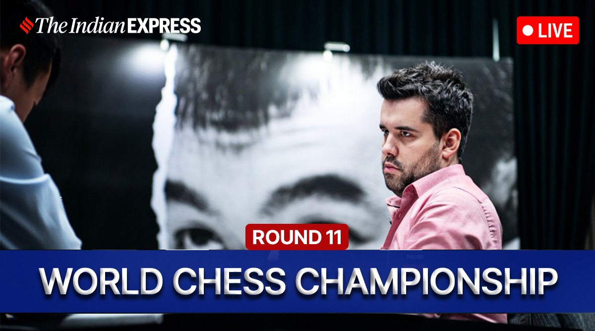 China's Ding Liren, left, and Russia's Ian Nepomniachtchi shake hands prior  to their FIDE World Chess Championship in Astana, Kazakhstan, Saturday,  April 29, 2023. Ian Nepomniachtchi and Ding Liren are facing off