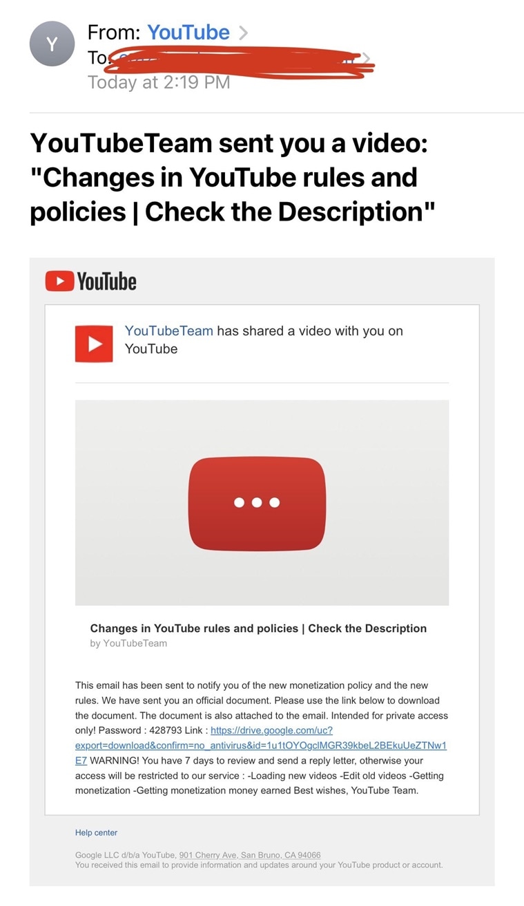 YouTube Phishing mail