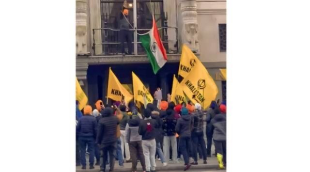 Pro-Khalistan protesters in front of the Indian High Commission in London.