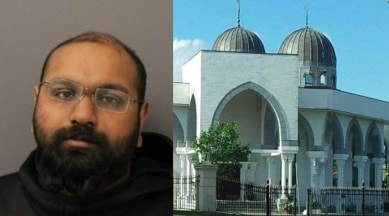 Sharan Karunakaran (left) was charged with several criminal offences after a suspected hate-motivated incident at a mosque in the City of Markham. (right) (Photos via York Regional Police, Facebook)