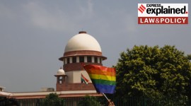 An LGBT flag at the Supreme Court, Delhi, India after the 377 verdict of the Supreme Court in 2018.