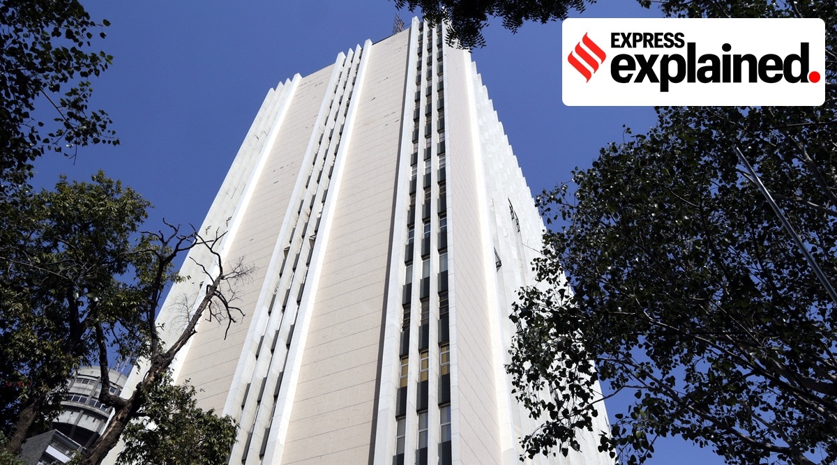 The tall white BBC office building during Income Tax Department raids in New Delhi in February 2023.