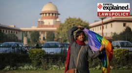 An LGBT rights activist waves the rainbow flag near the the Supreme Court.