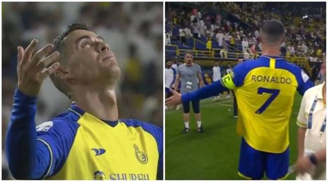 cristiano ronaldo reacts while playing for al nassr