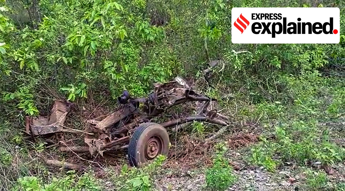 Wrecked remains of a vehicle after dantewada maoist attack