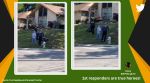 firefighters help man mow lawn