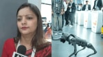 Galgotias University professor Neha (L); and the robodog the university displayed during the AI summit (R)
