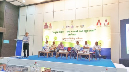 Nityanand Srivastava addresses the workshop organised by Gujarat Ecology Comission, in Gandhinagar on Sunday. (Express Photo by Gopal Kateshiya)