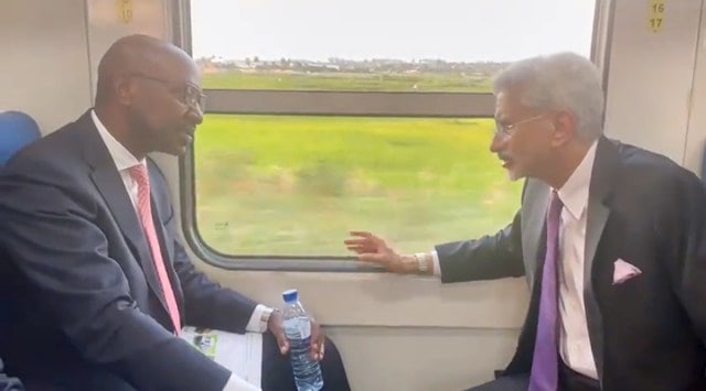 EAM S Jaishankar with Mozambican Transport Minister Mateus Magala during a train journey from train from Maputo to Machava. (Twitter/Jaishankar)