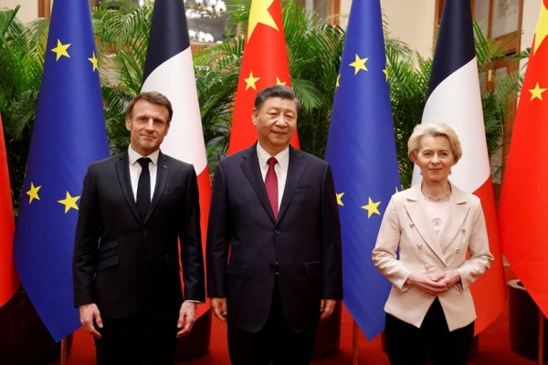 China's President Xi Jinping, his French counterpart Emmanuel Macron and European Commission President Ursula von de Leyen meet for a working session in Beijing, Chin, April 6, 2023. (Reuters)