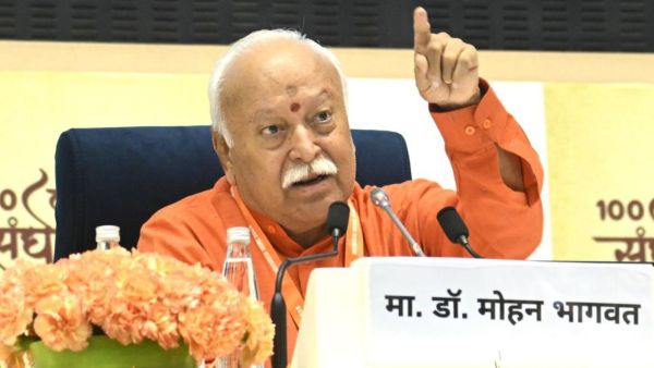RSS Chief Dr Mohan Bhagwat speaks on the final day of the RSS centenary celebrations in New Delhi on Thursday. Express Photo 280825