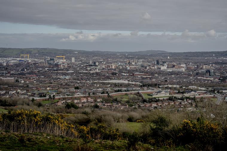 A view over a peace line at the city of Belfast, Northern Ireland, on March 26, 2023. (Andrew Testa/The New York Times)