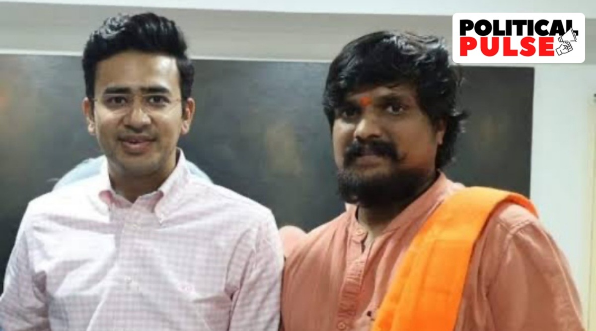 Puneeth Kerehalli with BJP MP Tejaswi Surya (Express Photo)