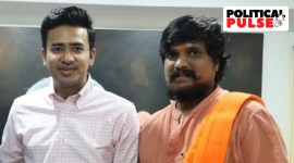 Puneeth Kerehalli with BJP MP Tejaswi Surya (Express Photo)
