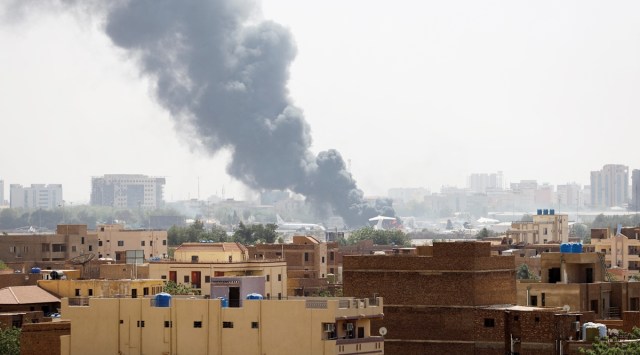 Smoke rises from burning aircraft inside Khartoum Airport during clashes between the paramilitary Rapid Support Forces and the army in Khartoum, Sudan, April 17, 2023. (Reuters)