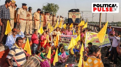 Members of Kudmi community block railway tracks demanding Scheduled Tribe (ST) status, at Balurghat in South Dinajpur district of West Bengal, April 5, 2023.