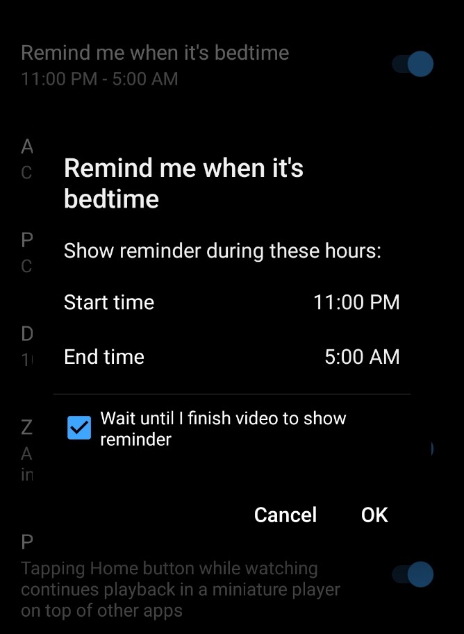 youtube bedtime reminder