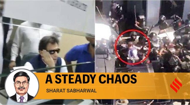 Ex-Pakistan Prime Minister Imran Khan seen before and after his arrest at Islamabad court premises on May 9, 2023. (Screengrab from Reuters video)