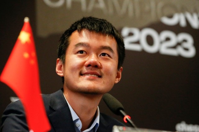 China's Ding Liren speaks aft  his triumph  successful  the FIDE World Chess Championship successful  Astana, Kazakhstan, Sunday, April 30, 2023. China's Ding Liren bushed  Russia's Ian Nepomniachtchi successful  a thrilling finale. He takes implicit    the satellite   title  rubric  from Norway's Magnus Carlsen. (AP Photo/Stanislav Filippov)