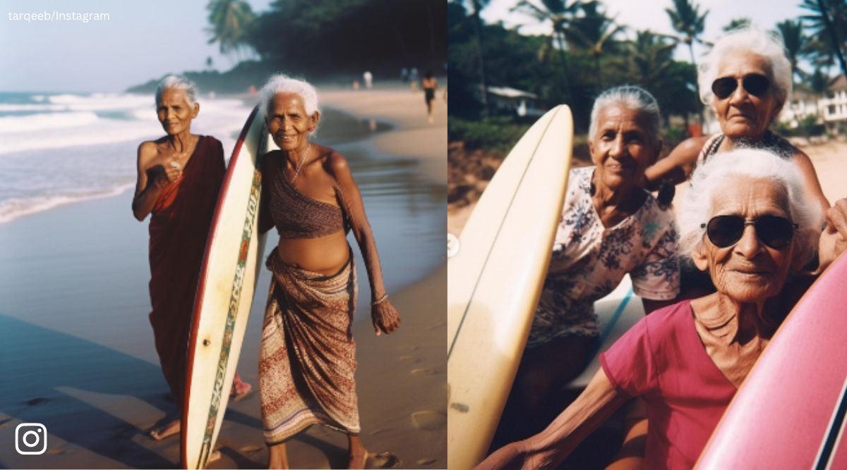 Elderly women at the beach AI images